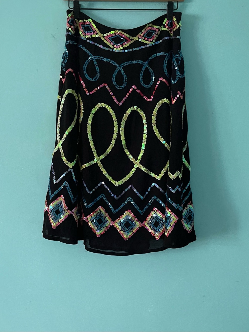 Anthropologie Basil & Maude Sequin Bali Skirt 8 Belly Dancer Gypsy Neon Ikat